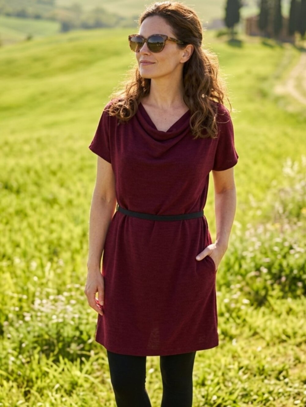Joseph Ribkoff Burgundy Cowl Neck Tunic Top with Tie Belt